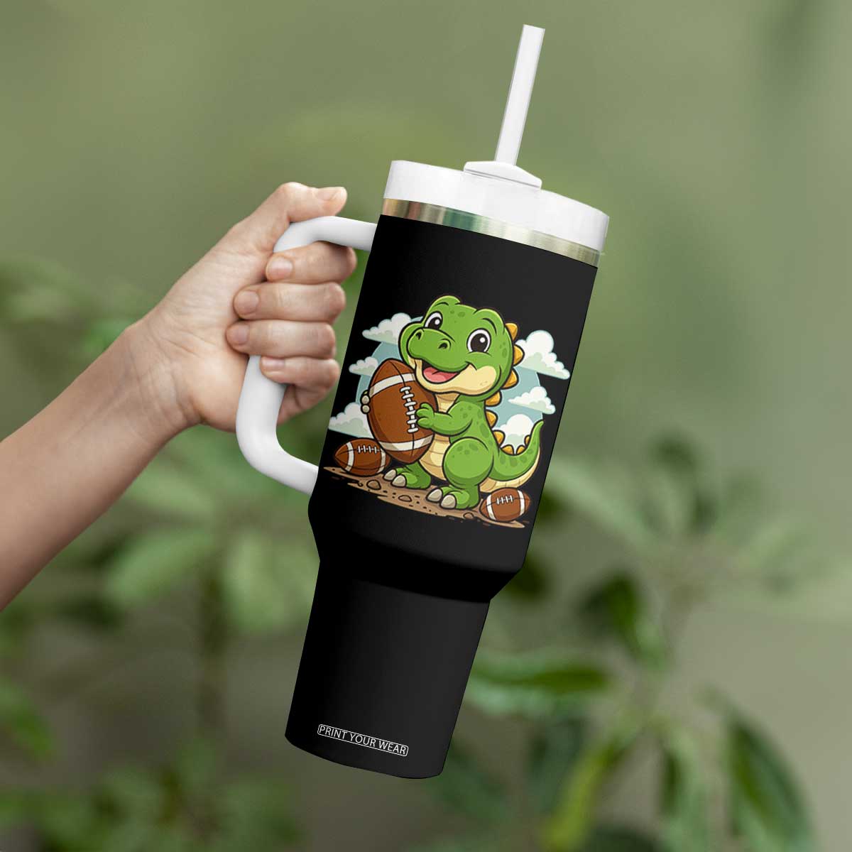 Cute Dinosaur Playing Football Tumbler With Handle Funny Kids Gift TS12 Print Your Wear