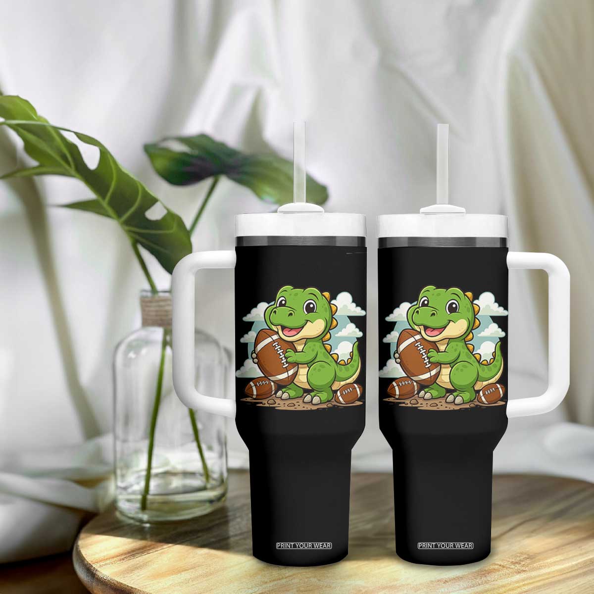 Cute Dinosaur Playing Football Tumbler With Handle Funny Kids Gift TS12 Print Your Wear