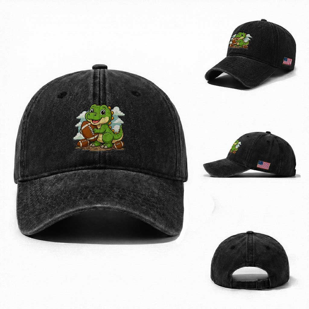 Cute Dinosaur Playing Football Washed Cotton Baseball Cap Funny Kids Gift TS12 Washed Cap Universal Fit Black Print Your Wear