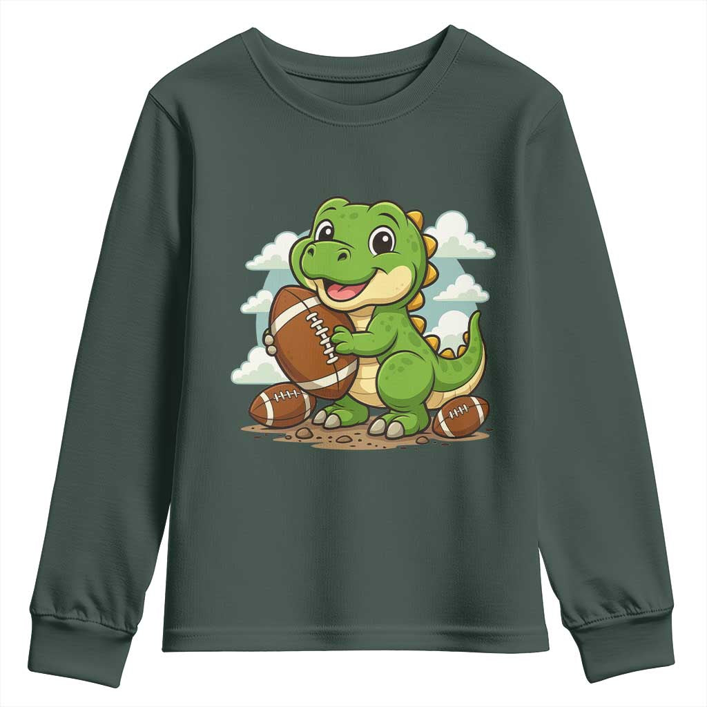 Cute Dinosaur Playing Football Youth Sweatshirt Funny Kids Gift TS12 Dark Forest Green Print Your Wear