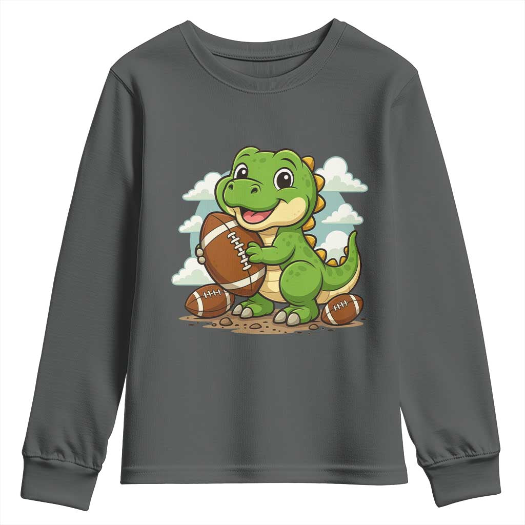 Cute Dinosaur Playing Football Youth Sweatshirt Funny Kids Gift TS12 Dark Heather Print Your Wear