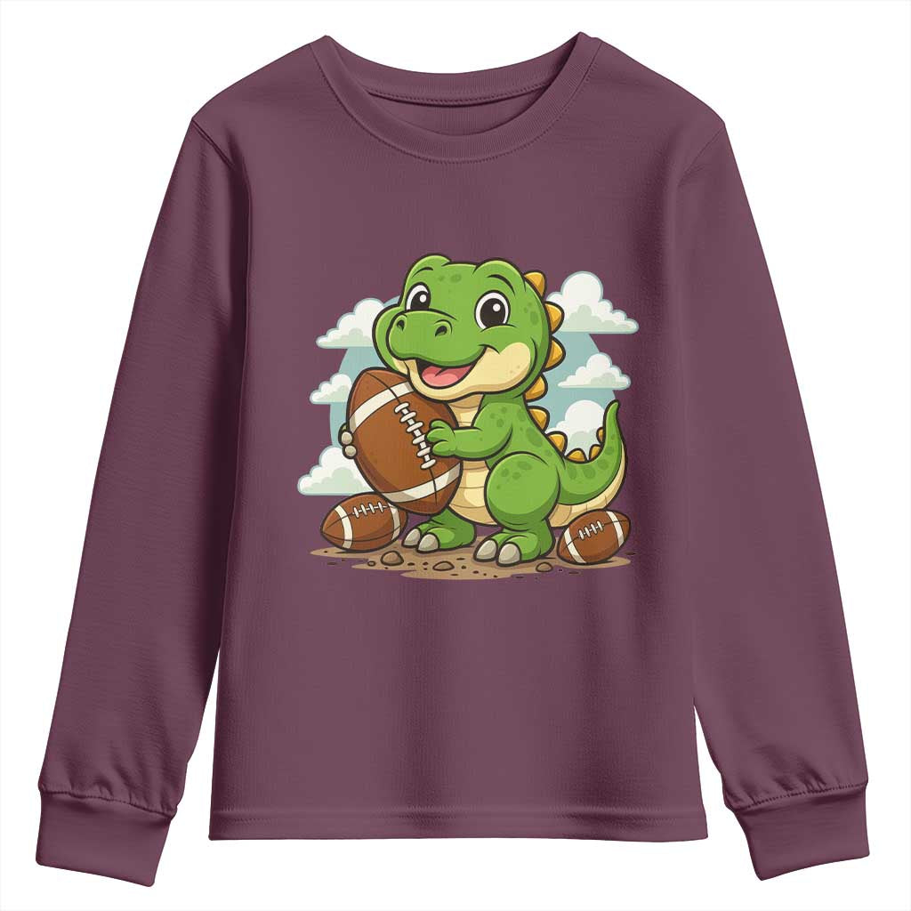 Cute Dinosaur Playing Football Youth Sweatshirt Funny Kids Gift TS12 Maroon Print Your Wear