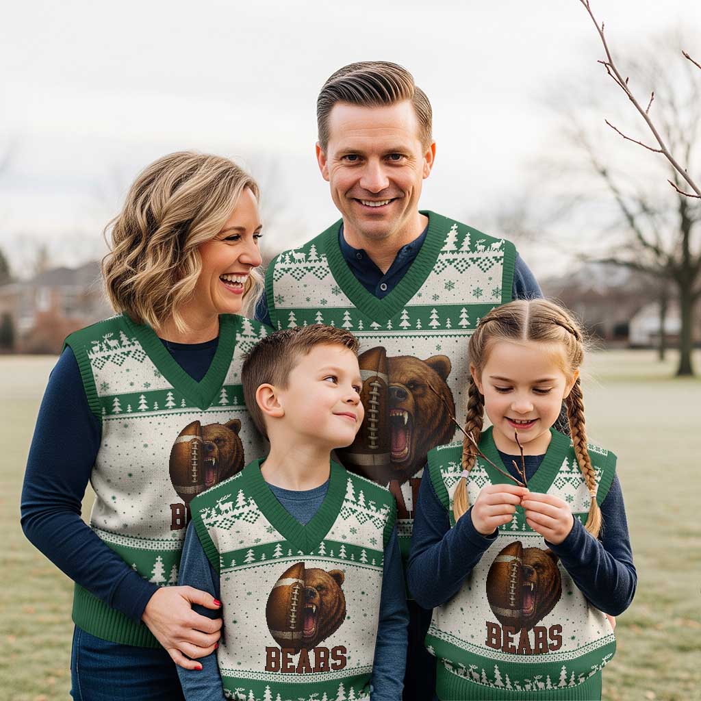 Fear The Bear Football V-Neck Knit Sweater Vest Game Day Sports Fan Gift TS12 Beige Green Print Your Wear