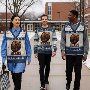 Fear The Bear Football V-Neck Knit Sweater Vest Game Day Sports Fan Gift TS12 Beige Navy Print Your Wear