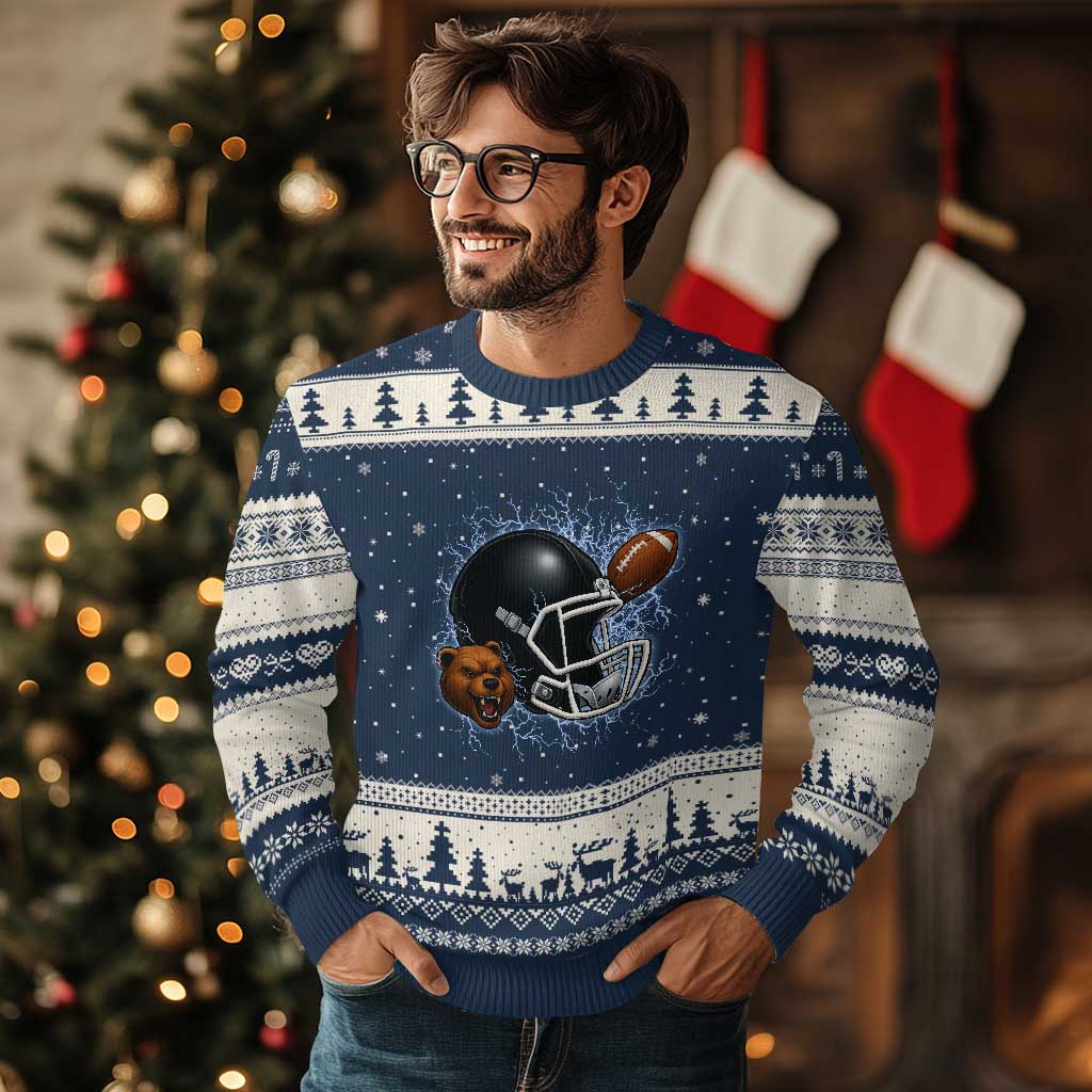 Game Day Sports Fan Gift Ugly Christmas Sweater Lightning Bear Helmet TS12 Navy Beige Print Your Wear