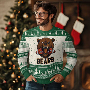 Football Player Gift Ugly Christmas Sweater Fierce Bear Biting Ball TS12 Beige Green Print Your Wear