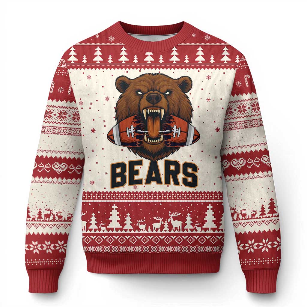 Football Player Gift Ugly Christmas Sweater Fierce Bear Biting Ball TS12 Beige Red Print Your Wear