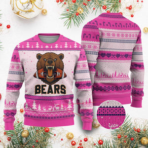 Football Player Gift Ugly Christmas Sweater Fierce Bear Biting Ball TS12 Hot Pink Print Your Wear