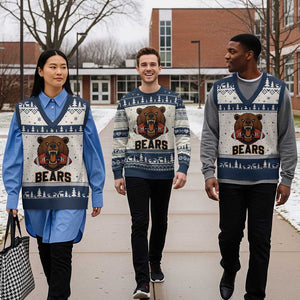 Football Player Gift V-Neck Knit Sweater Vest Fierce Bear Biting Ball TS12 Beige Navy Print Your Wear