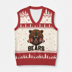 Football Player Gift V-Neck Knit Sweater Vest Fierce Bear Biting Ball TS12 Beige Red Print Your Wear