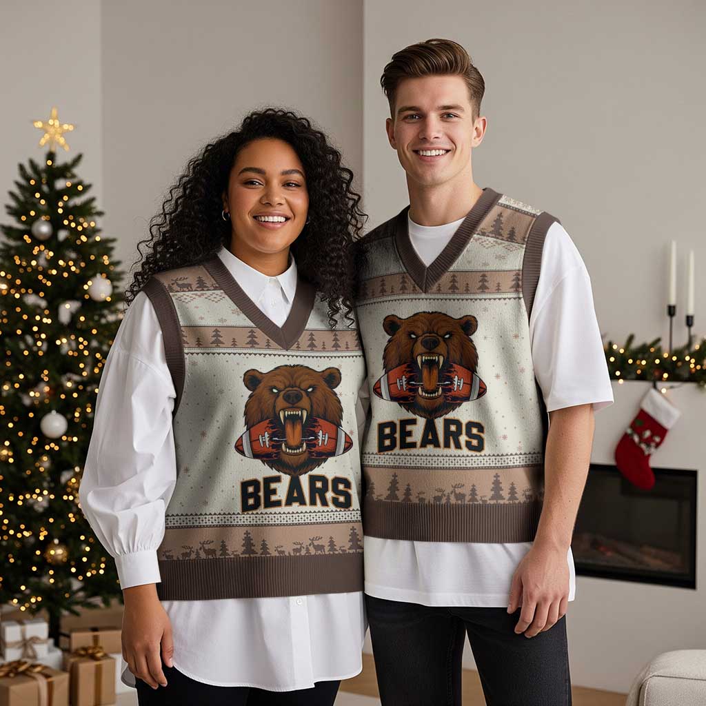 Football Player Gift V-Neck Knit Sweater Vest Fierce Bear Biting Ball TS12 Mocha Mousse Print Your Wear