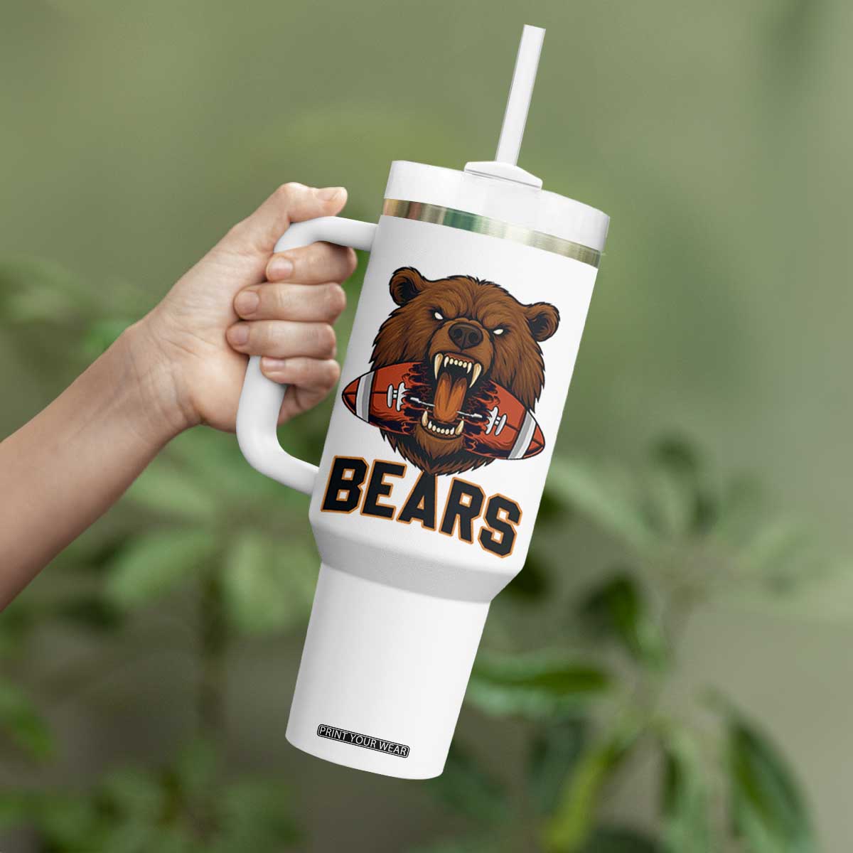 Football Player Gift Tumbler With Handle Fierce Bear Biting Ball TS12 Print Your Wear