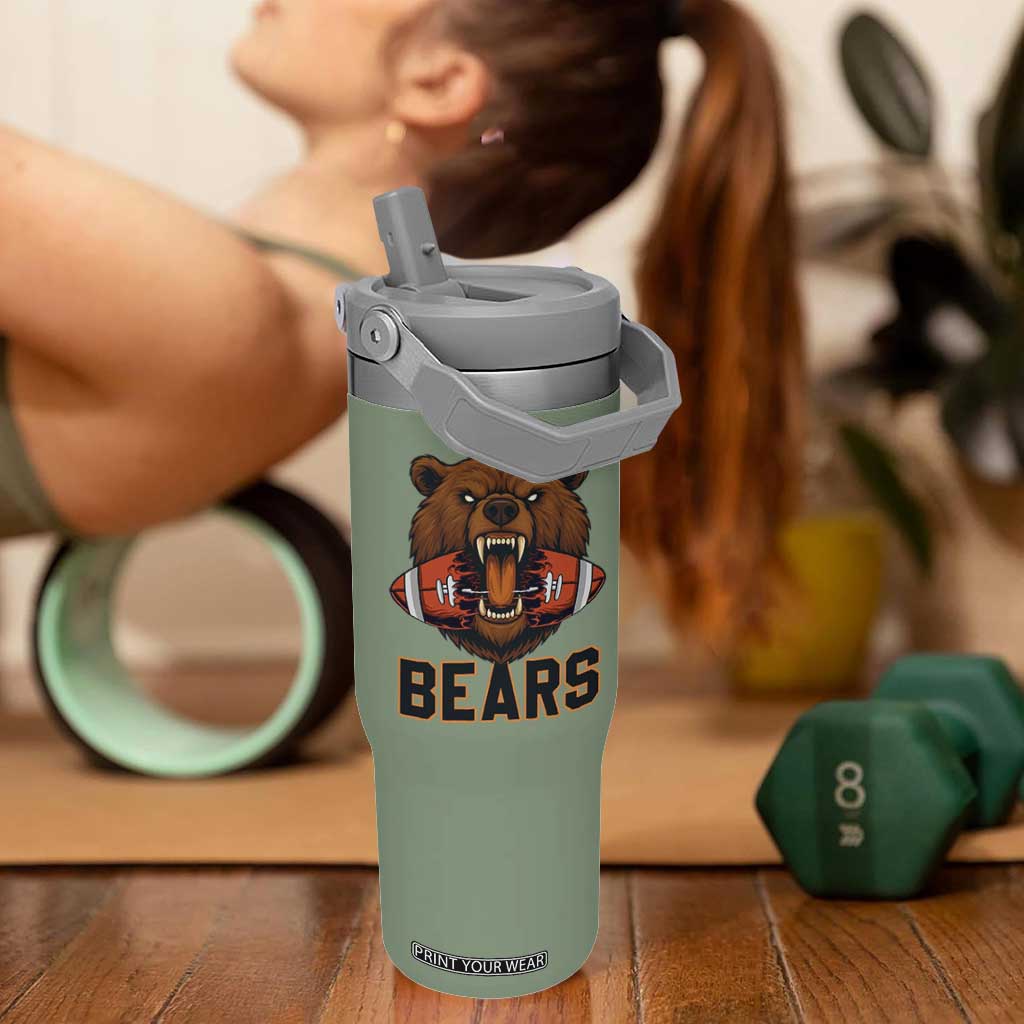 Football Player Gift Flip Straw Tumbler Fierce Bear Biting Ball TS12 One Size: 30 oz Moss Green Print Your Wear