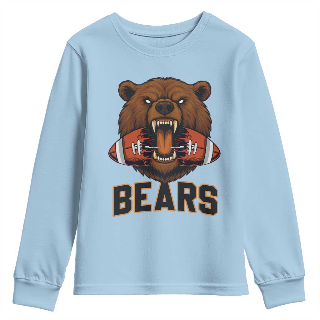 Football Player Gift Youth Sweatshirt Fierce Bear Biting Ball TS12 Light Blue Print Your Wear