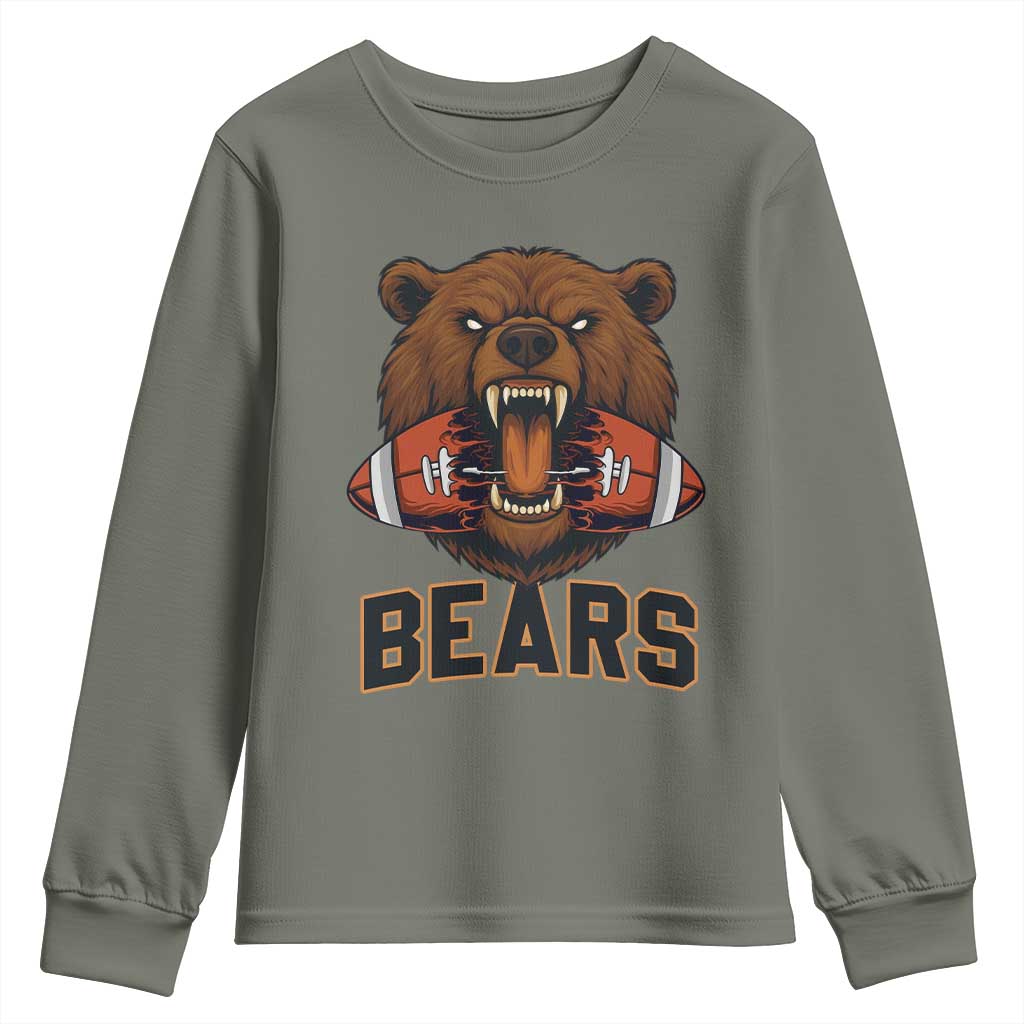 Football Player Gift Youth Sweatshirt Fierce Bear Biting Ball TS12 Military Green Print Your Wear