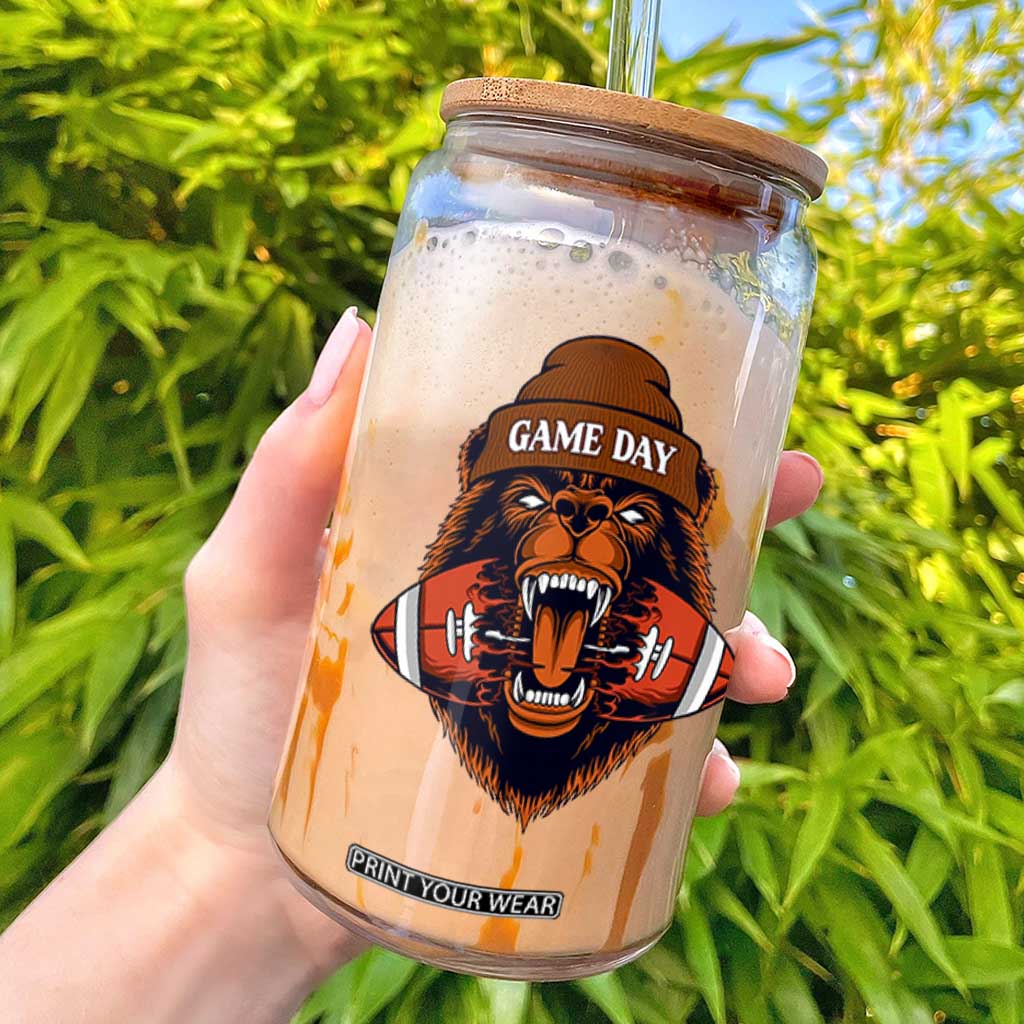 Game Day Fierce Bear Biting Ball Glass Can Football Player Gift TS12 White Print Your Wear
