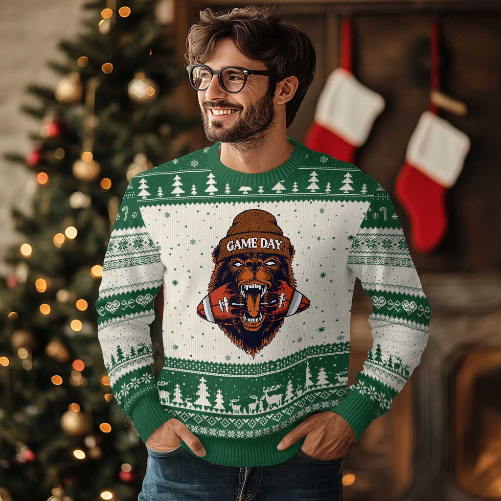 Game Day Fierce BR Biting Ball Ugly Christmas Sweater Football Player Gift TS12 Beige Green Print Your Wear