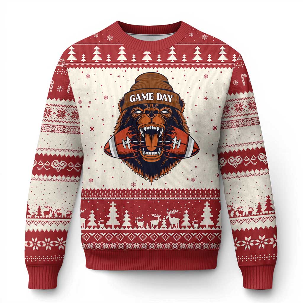 Game Day Fierce BR Biting Ball Ugly Christmas Sweater Football Player Gift TS12 Beige Red Print Your Wear