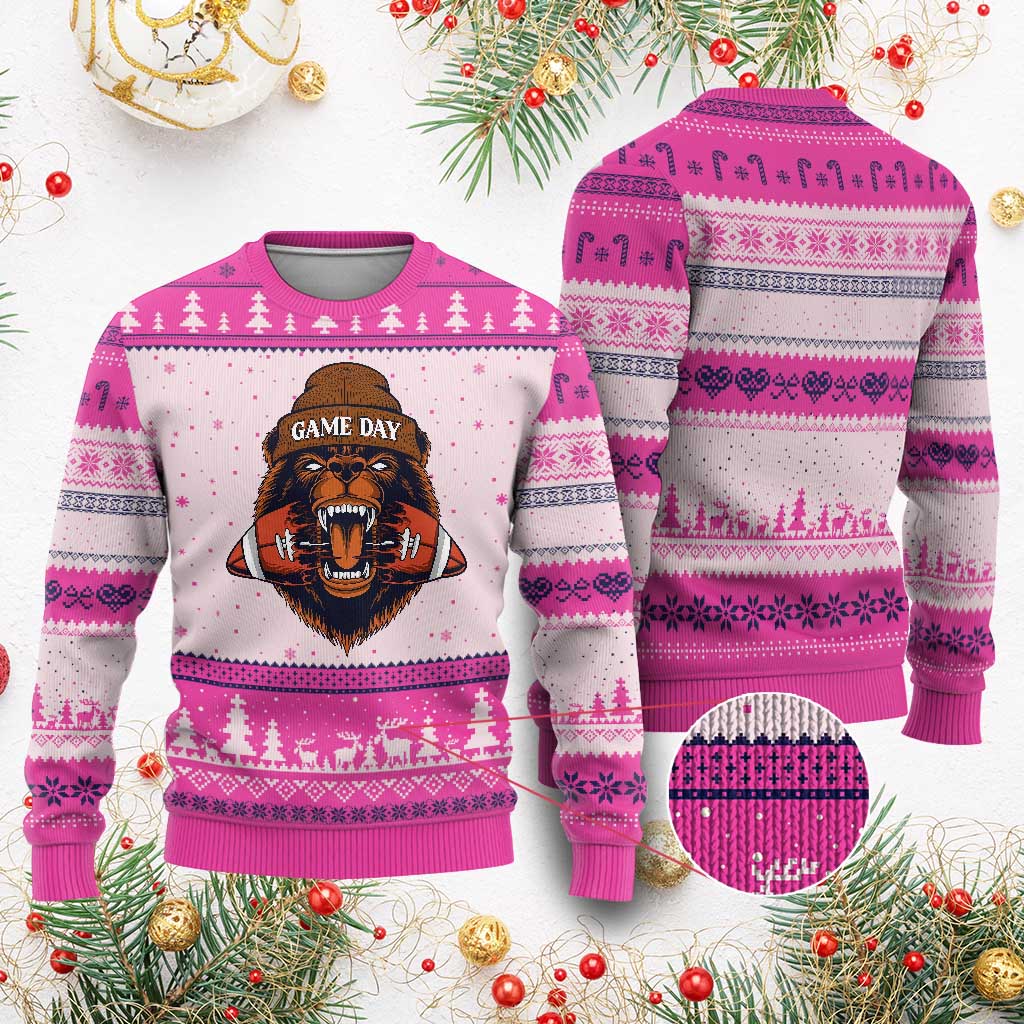 Game Day Fierce Bear Biting Ball Ugly Christmas Sweater Football Player Gift TS12 Hot Pink Print Your Wear