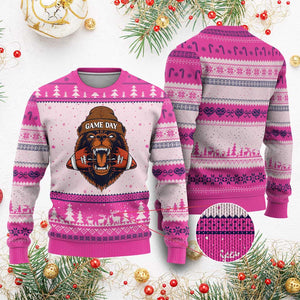 Game Day Fierce Bear Biting Ball Ugly Christmas Sweater Football Player Gift TS12 Hot Pink Print Your Wear