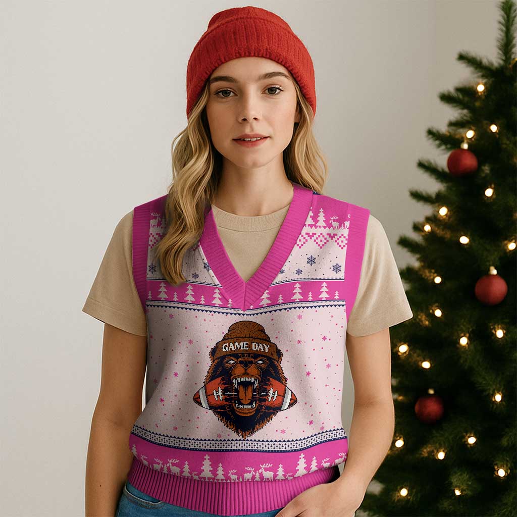 Game Day Fierce Bear Biting Ball V-Neck Knit Sweater Vest Football Player Gift TS12 Hot Pink Print Your Wear
