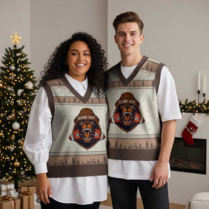 Game Day Fierce Bear Biting Ball V-Neck Knit Sweater Vest Football Player Gift TS12 Mocha Mousse Print Your Wear