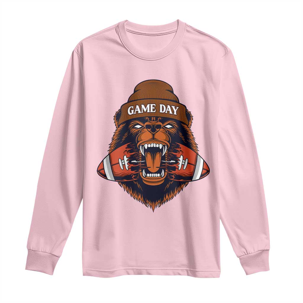 Game Day Fierce Bear Biting Ball Long Sleeve Shirt Football Player Gift TS12 Light Pink Print Your Wear