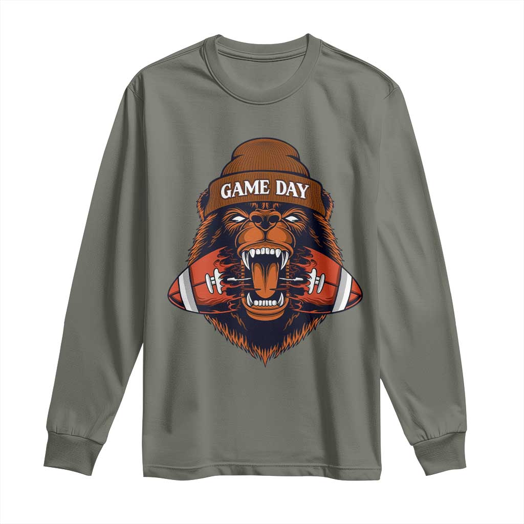 Game Day Fierce Bear Biting Ball Long Sleeve Shirt Football Player Gift TS12 Military Green Print Your Wear