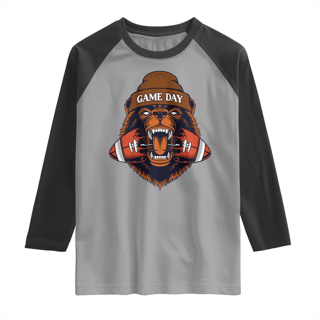 Game Day Fierce Bear Biting Ball Raglan Shirt Football Player Gift TS12 Sport Gray Black Print Your Wear