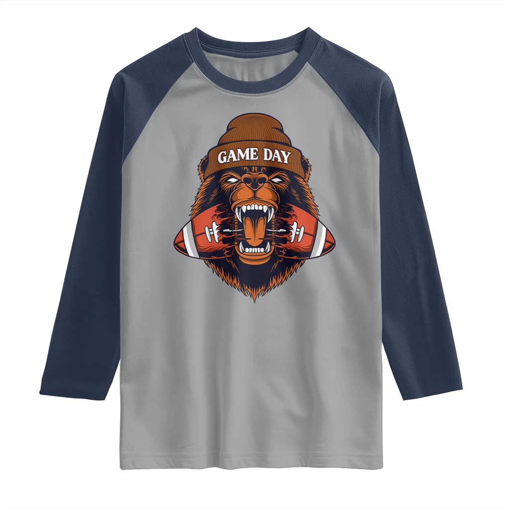 Game Day Fierce Bear Biting Ball Raglan Shirt Football Player Gift TS12 Sport Gray Navy Print Your Wear