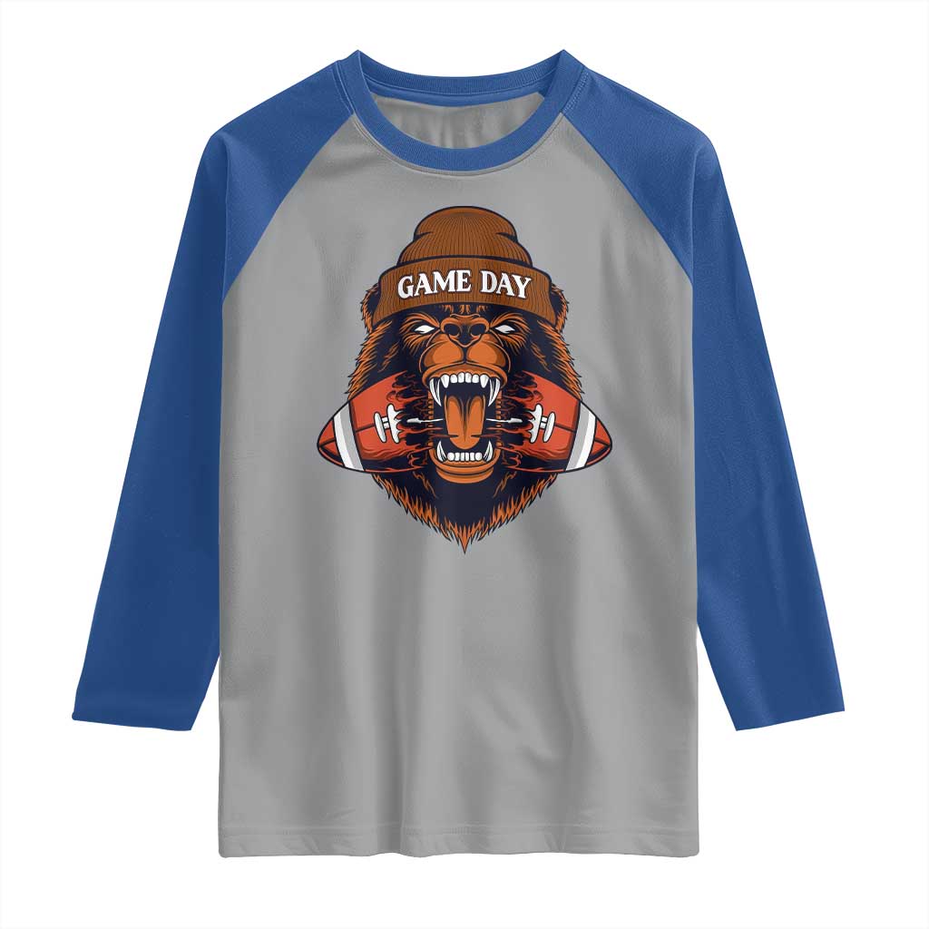 Game Day Fierce Bear Biting Ball Raglan Shirt Football Player Gift TS12 Sport Gray Royal Print Your Wear