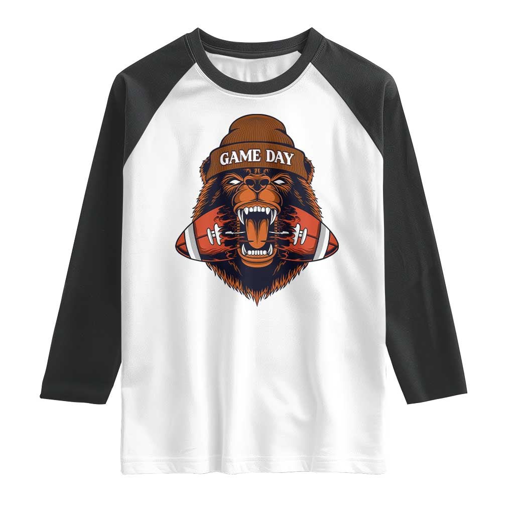Game Day Fierce Bear Biting Ball Raglan Shirt Football Player Gift TS12 White Black Print Your Wear