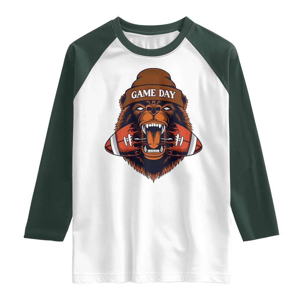 Game Day Fierce Bear Biting Ball Raglan Shirt Football Player Gift TS12 White Dark Forest Green Print Your Wear