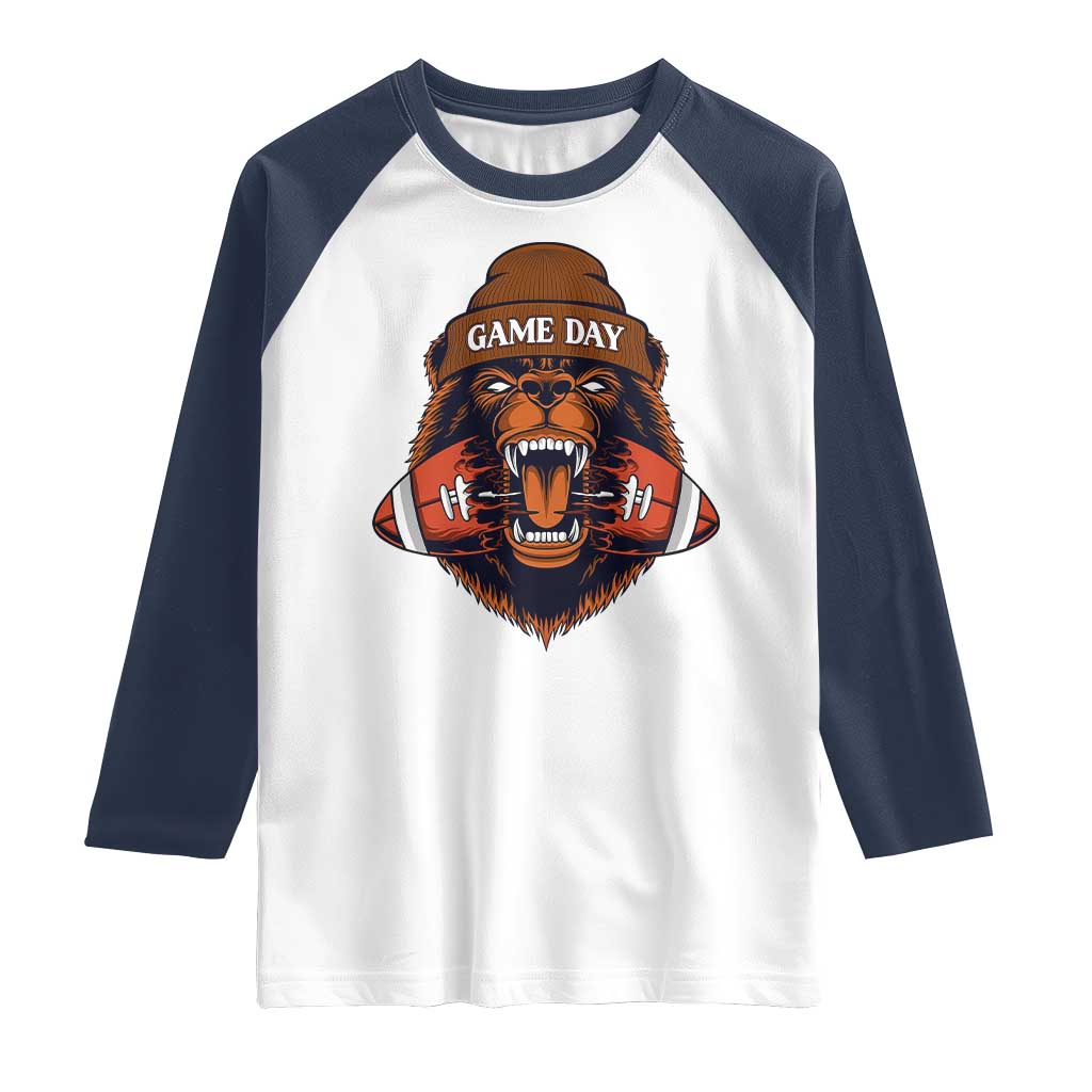 Game Day Fierce Bear Biting Ball Raglan Shirt Football Player Gift TS12 White Navy Print Your Wear