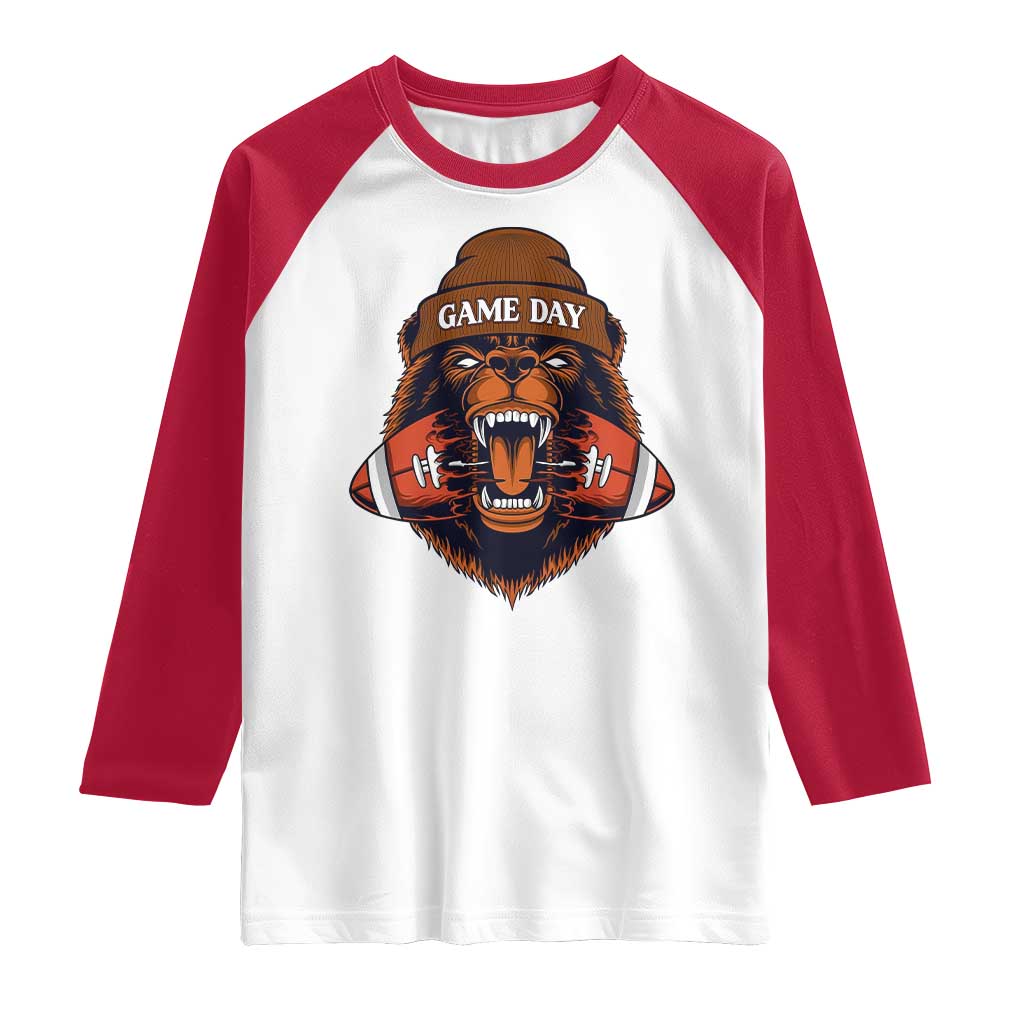 Game Day Fierce Bear Biting Ball Raglan Shirt Football Player Gift TS12 White Red Print Your Wear