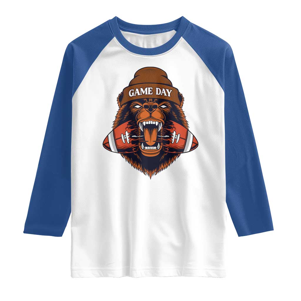 Game Day Fierce Bear Biting Ball Raglan Shirt Football Player Gift TS12 White Royal Print Your Wear