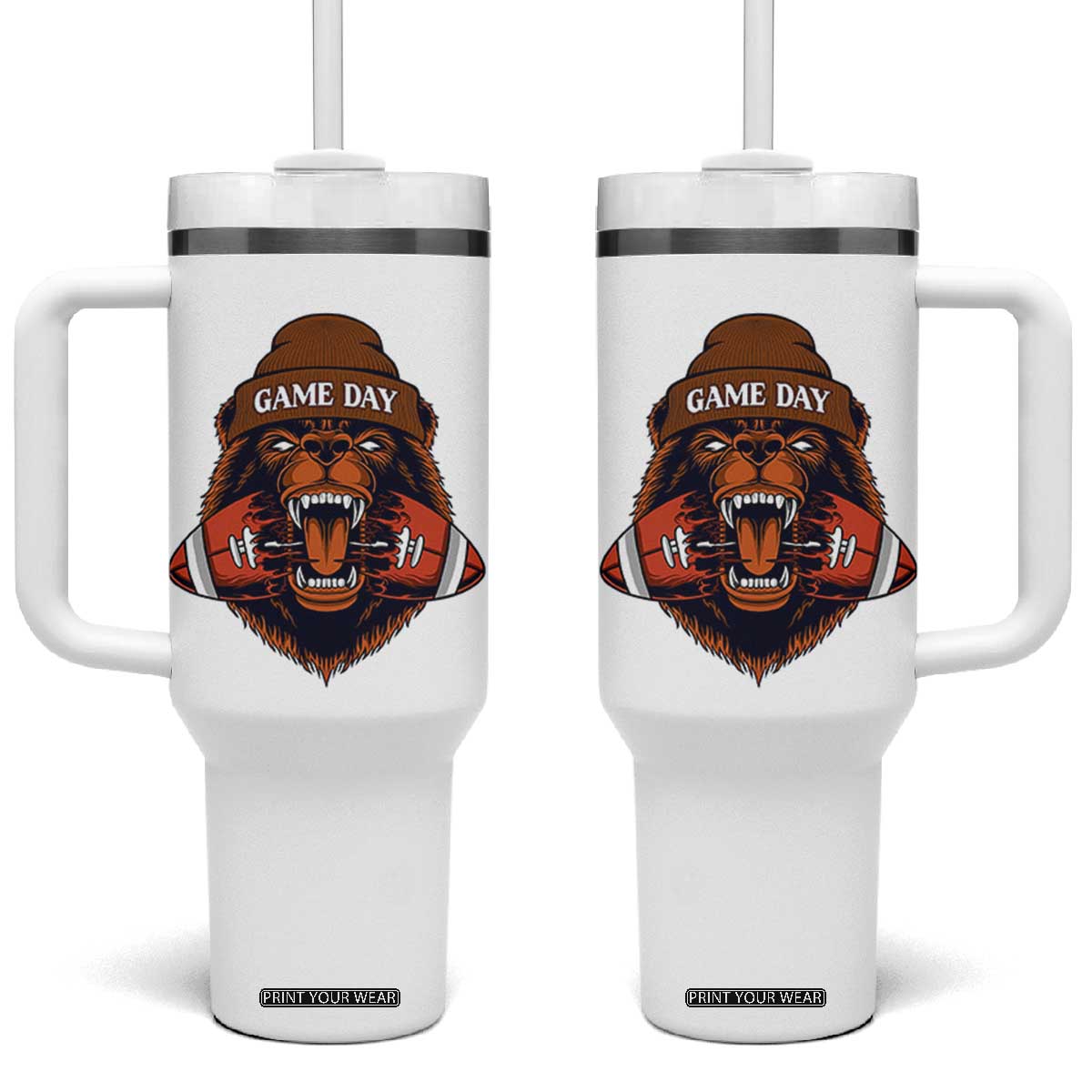 Game Day Fierce Bear Biting Ball Tumbler With Handle Football Player Gift TS12 One Size: 40 oz White Print Your Wear