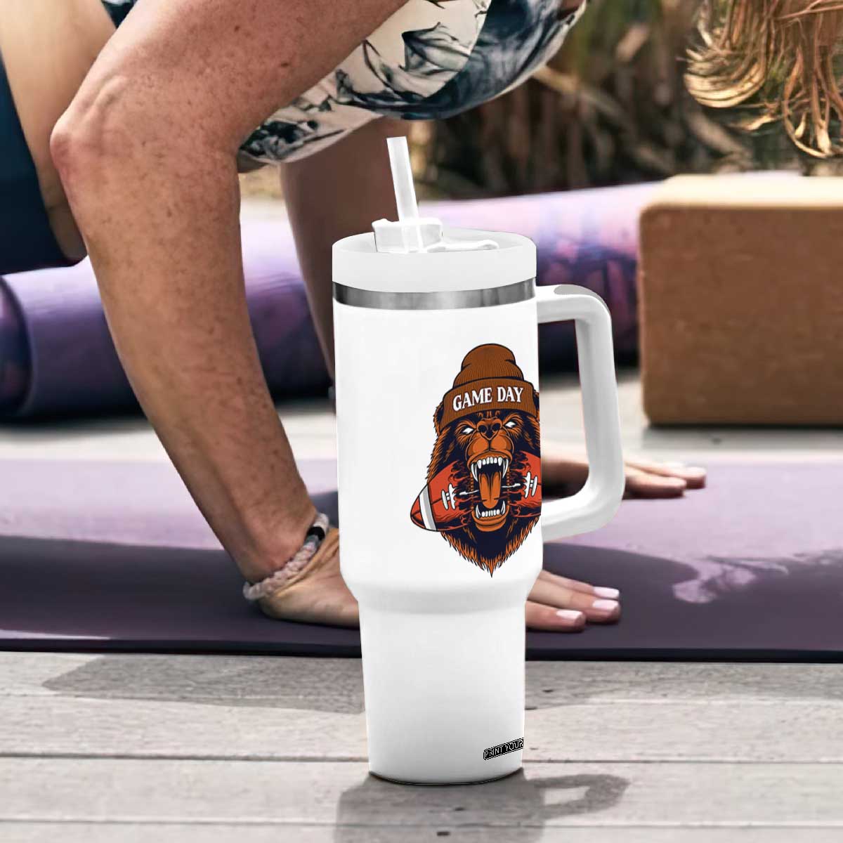 Game Day Fierce Bear Biting Ball Tumbler With Handle Football Player Gift TS12 Print Your Wear
