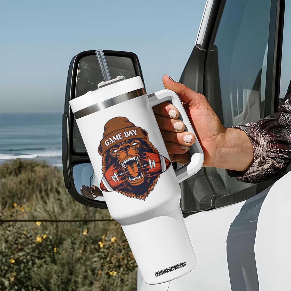 Game Day Fierce Bear Biting Ball Tumbler With Handle Football Player Gift TS12 Print Your Wear