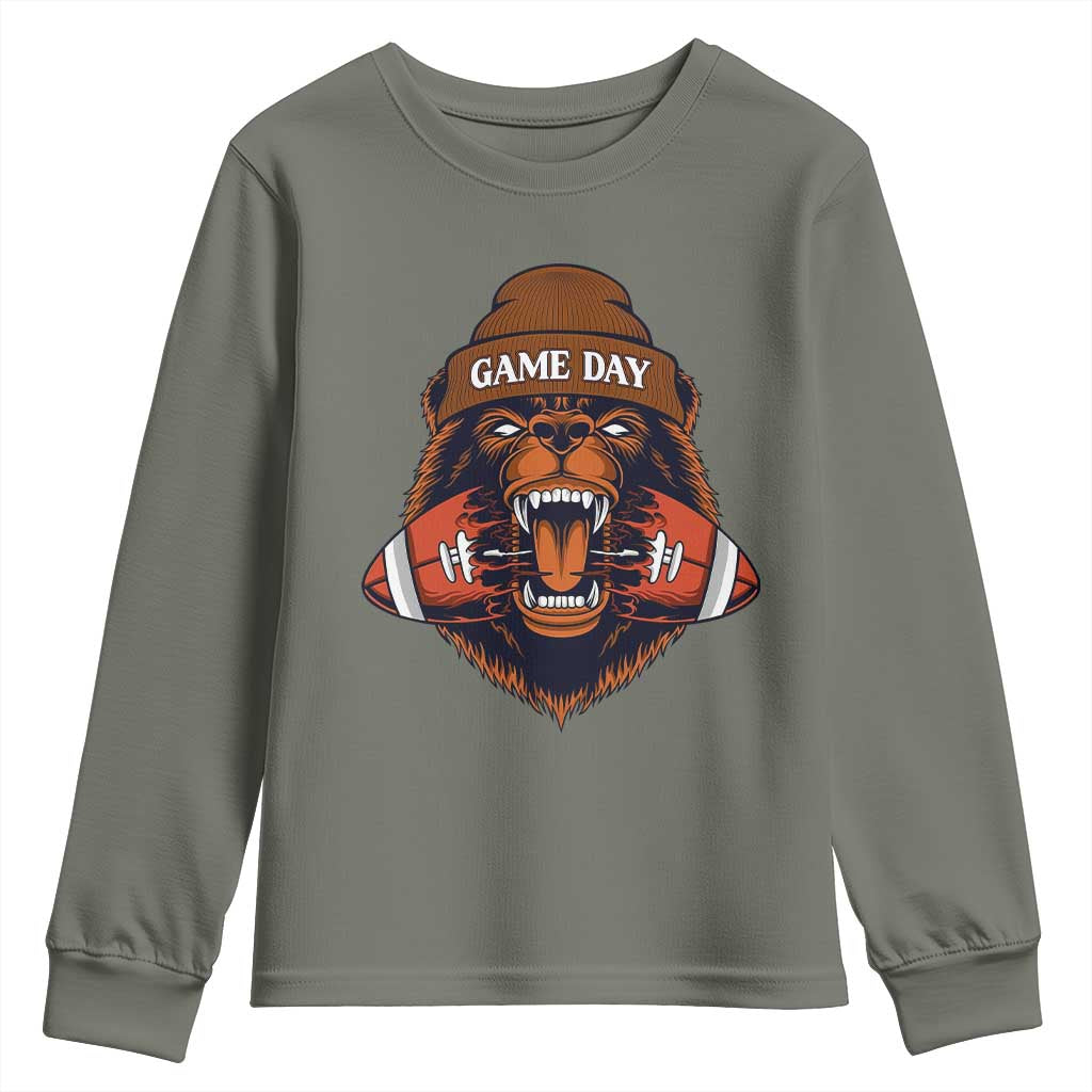 Game Day Fierce Bear Biting Ball Youth Sweatshirt Football Player Gift TS12 Military Green Print Your Wear