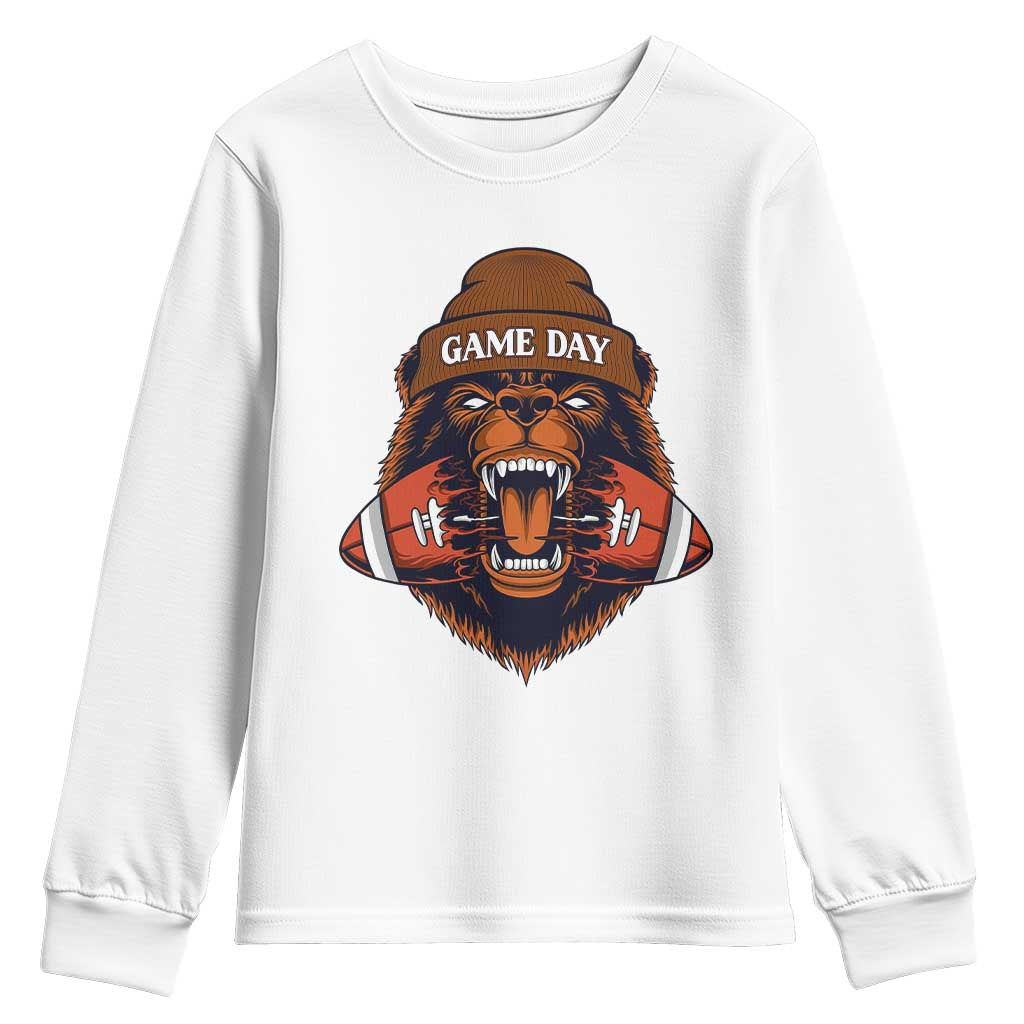 Game Day Fierce Bear Biting Ball Youth Sweatshirt Football Player Gift TS12 White Print Your Wear