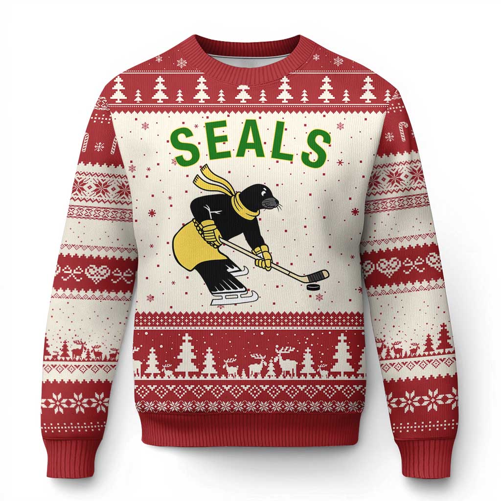 Funny Seal Ice Hockey Player Ugly Christmas Sweater Winter Sports Gift TS12 Beige Red Print Your Wear