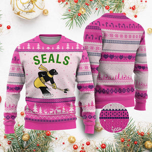 Funny Seal Ice Hockey Player Ugly Christmas Sweater Winter Sports Gift TS12 Hot Pink Print Your Wear