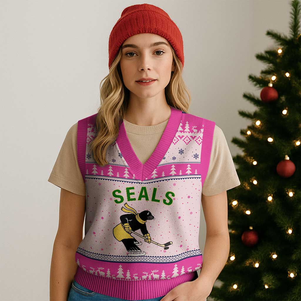 Funny Seal Ice Hockey Player V-Neck Knit Sweater Vest Winter Sports Gift TS12 Hot Pink Print Your Wear