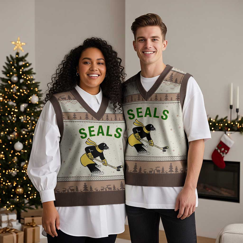Funny Seal Ice Hockey Player V-Neck Knit Sweater Vest Winter Sports Gift TS12 Mocha Mousse Print Your Wear