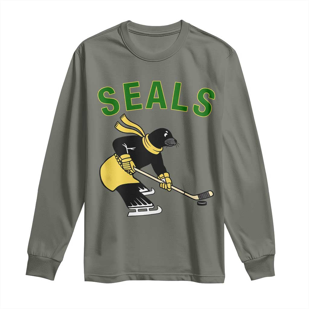Funny Seal Ice Hockey Player Long Sleeve Shirt Winter Sports Gift TS12 Military Green Print Your Wear