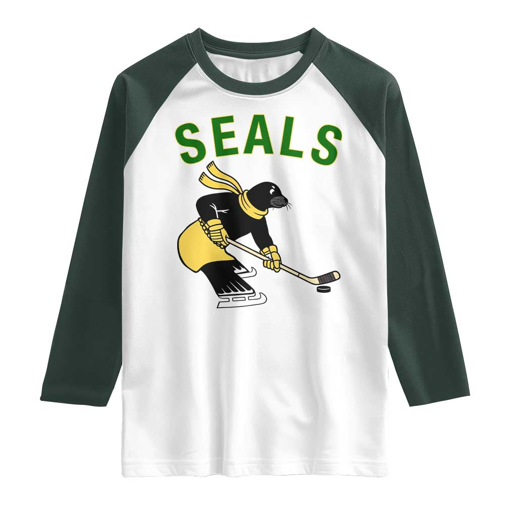 Funny Seal Ice Hockey Player Raglan Shirt Winter Sports Gift TS12 White Dark Forest Green Print Your Wear