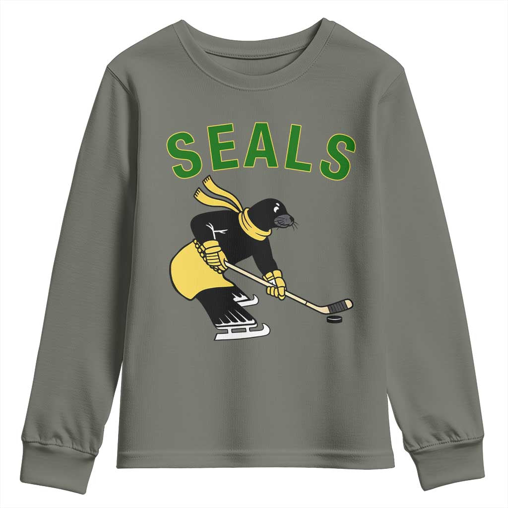 Funny Seal Ice Hockey Player Youth Sweatshirt Winter Sports Gift TS12 Military Green Print Your Wear