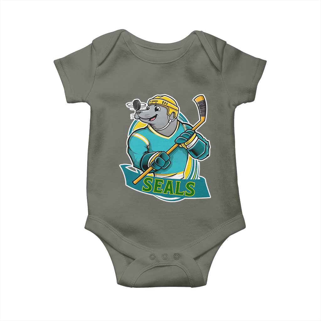 Cute Seal Playing Ice Hockey Baby Onesie Funny Winter Sports Gift TS12 Military Green Print Your Wear