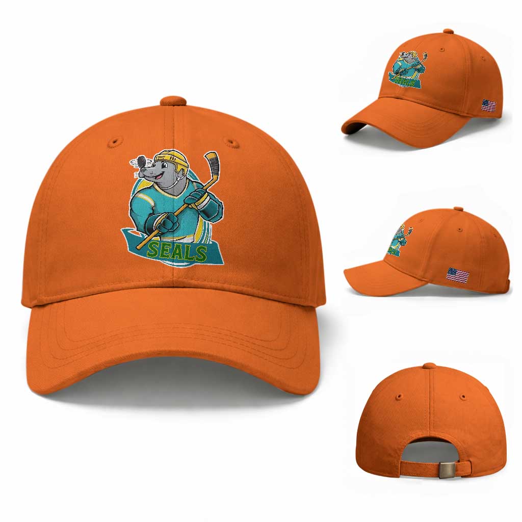 Cute Seal Playing Ice Hockey Baseball Cap Funny Winter Sports Gift TS12 Baseball Cap Universal Fit Orange Print Your Wear